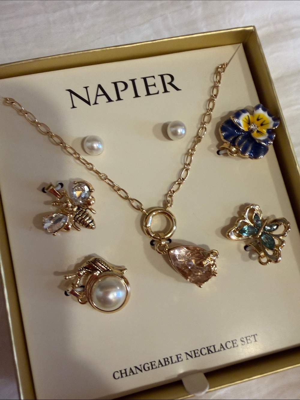 Napier Gold-Tone Necklace Set with Pink Teardrop and Blue-Yellow Floral Charm - Picture 7 of 8